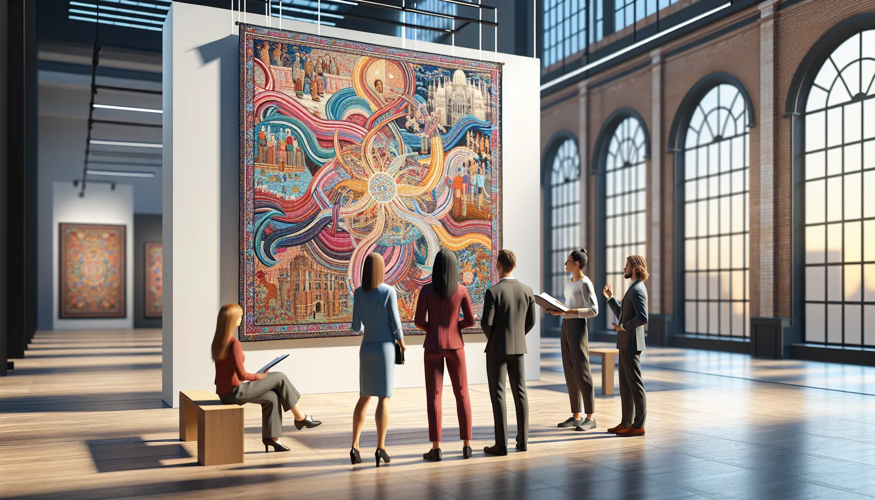 diverse professionals discussing art in a modern gallery.