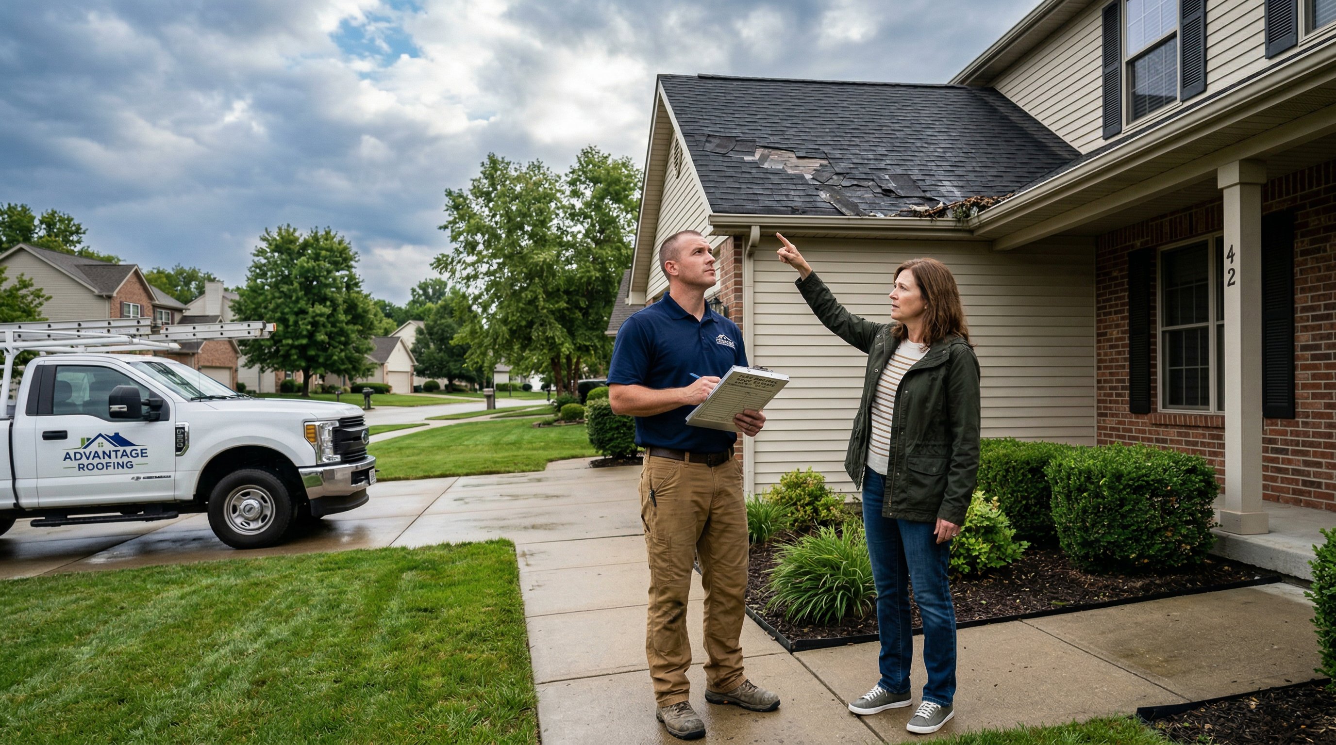 contractor discussing storm-damaged roof replacement with a homeowner outside a suburban house