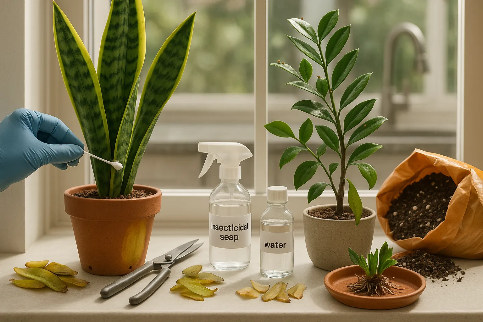 Snake plant and ZZ plant being treated for pests and root rot on a windowsill.