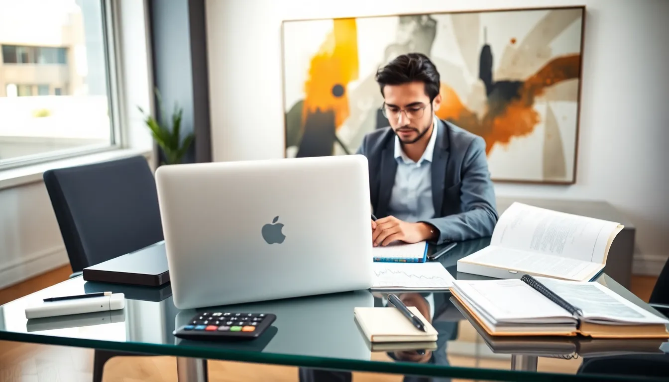 professional using a MacBook Pro in a modern office.