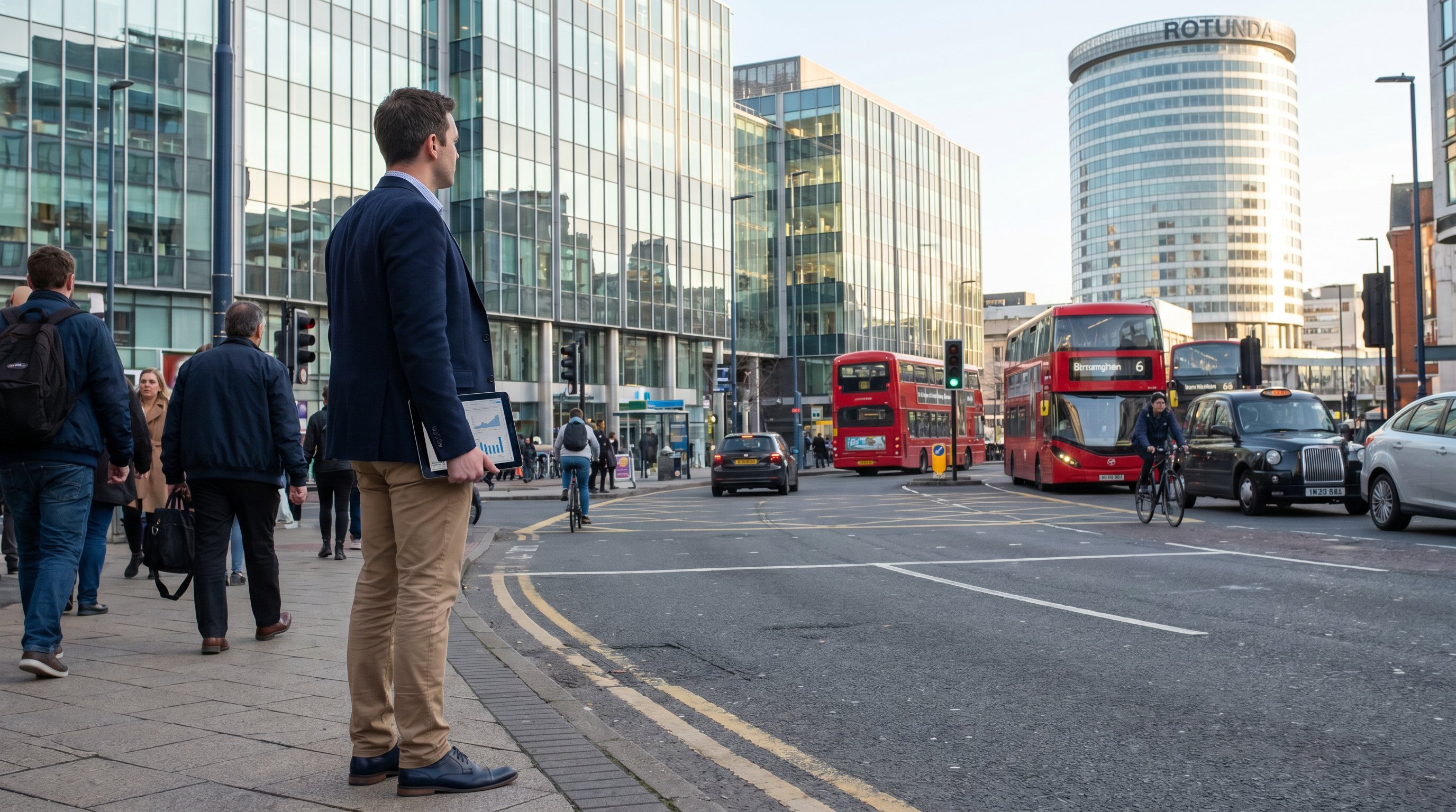 Transport planning consultant observing traffic at a Birmingham city-centre junction with tablet in hand.