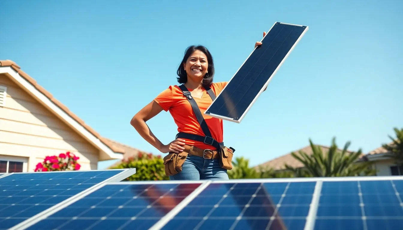 a woman installing solar panels on her home roof in a sunny neighborhood.