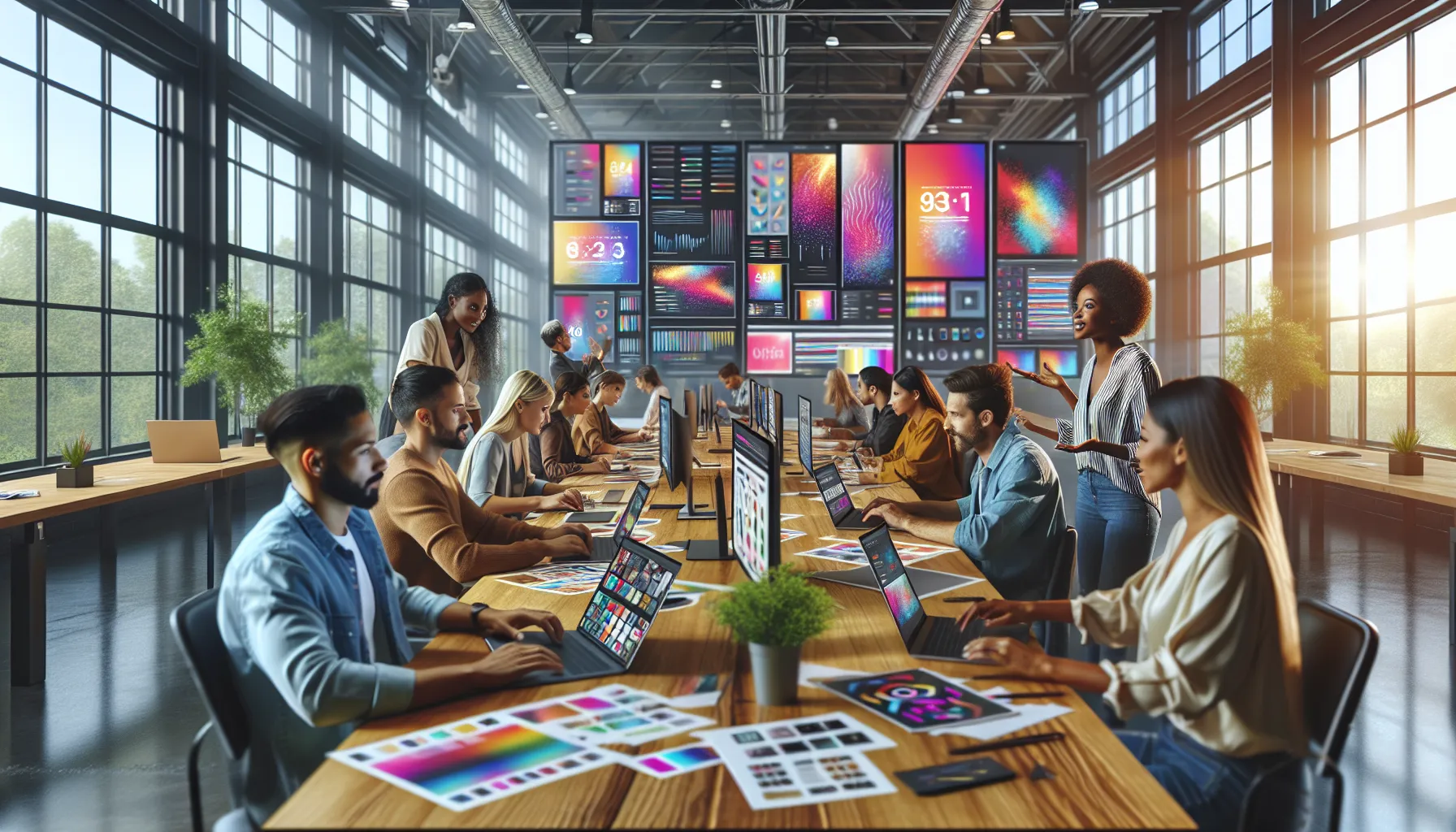 diverse graphic design team collaborating in a modern office.