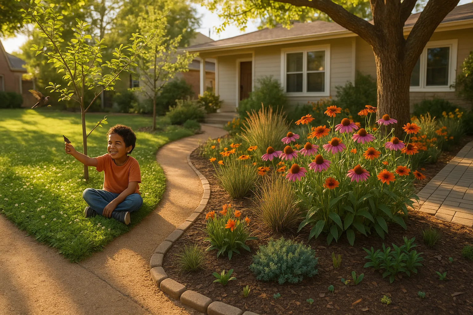 A mixed-use suburban yard with clover lawn, native flowers, and a gravel path.