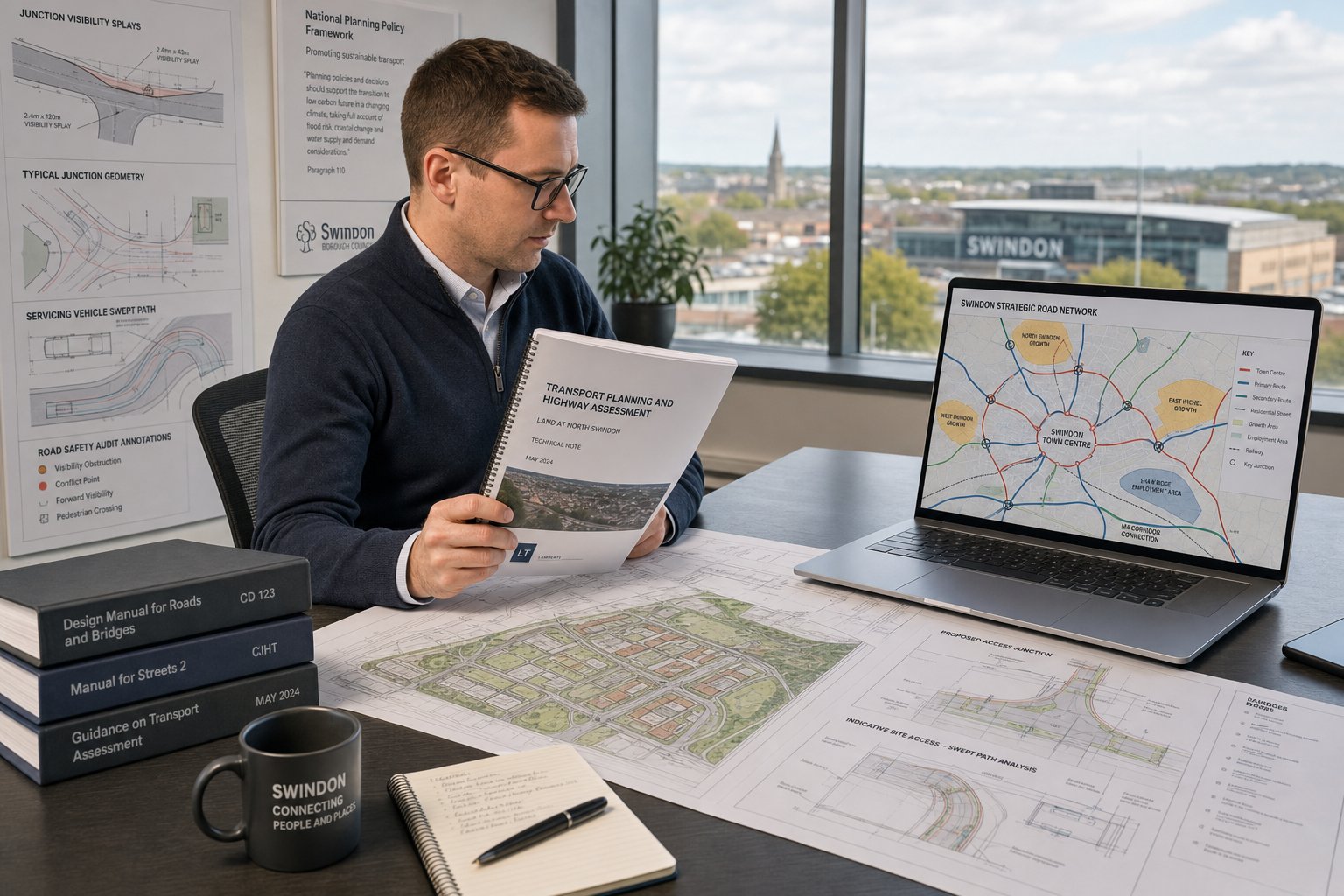 Traffic engineer reviewing Swindon transport plans in a modern office.