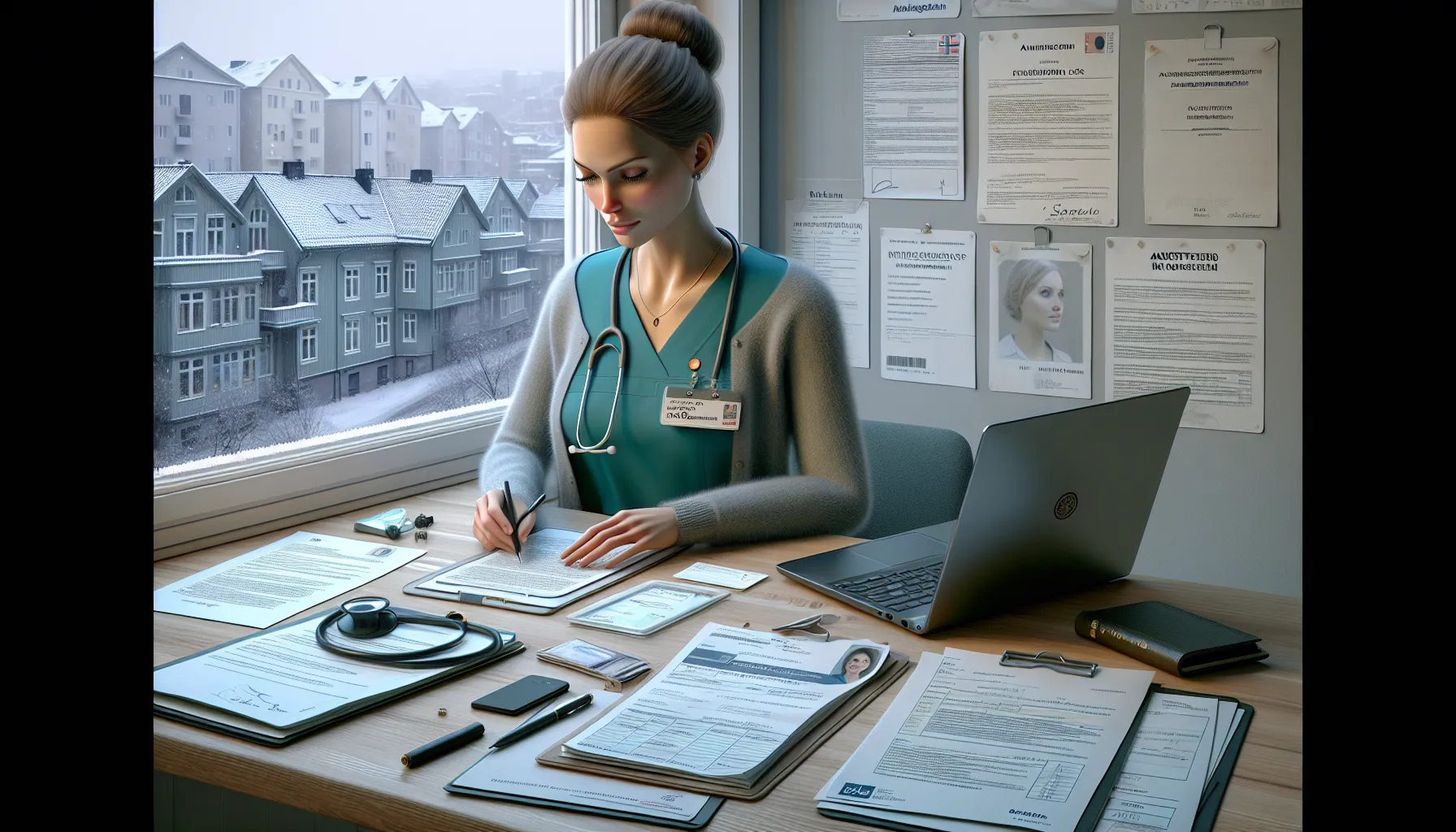 Norwegian nurse organizes authorization and documents for advanced healthcare education application.