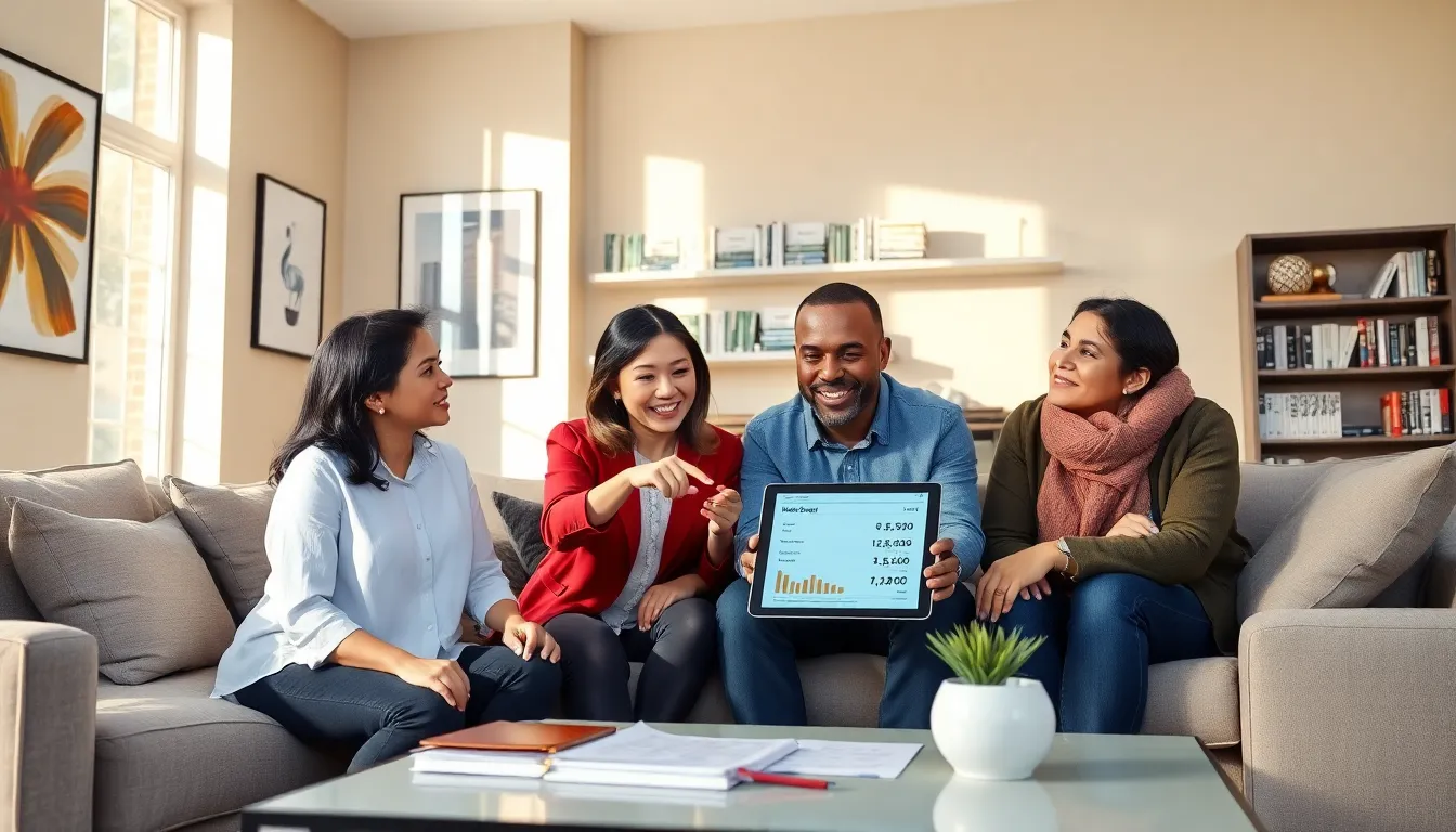 family discussing home equity in a modern living room.