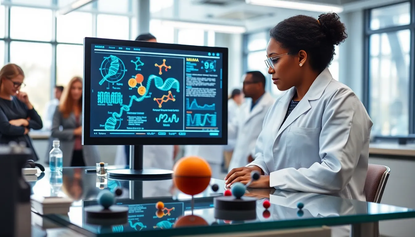 scientists collaborating in a modern biotech laboratory.