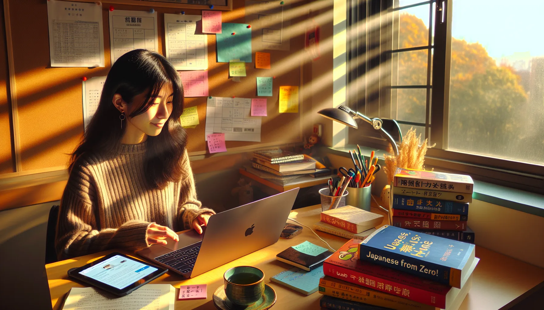 a focused young woman studying language resources at her desk.