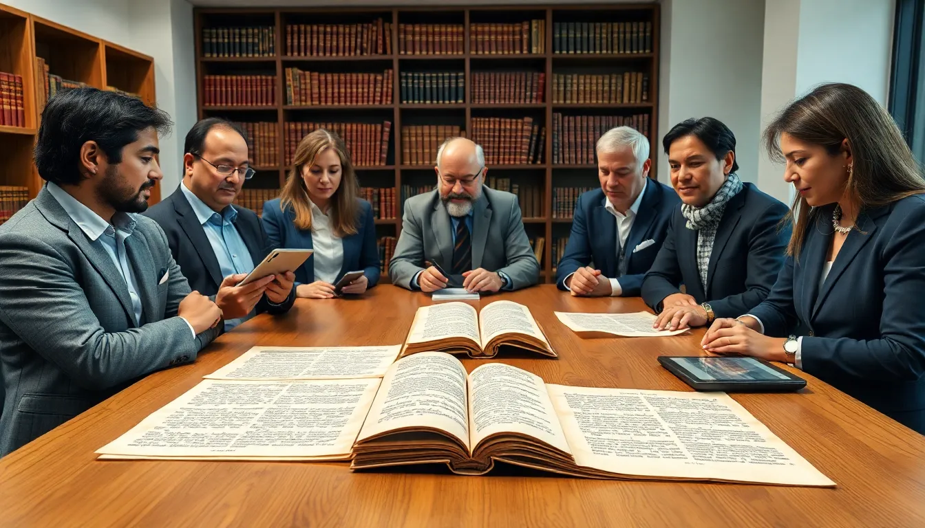 diverse historians discussing ancient texts in a modern office.