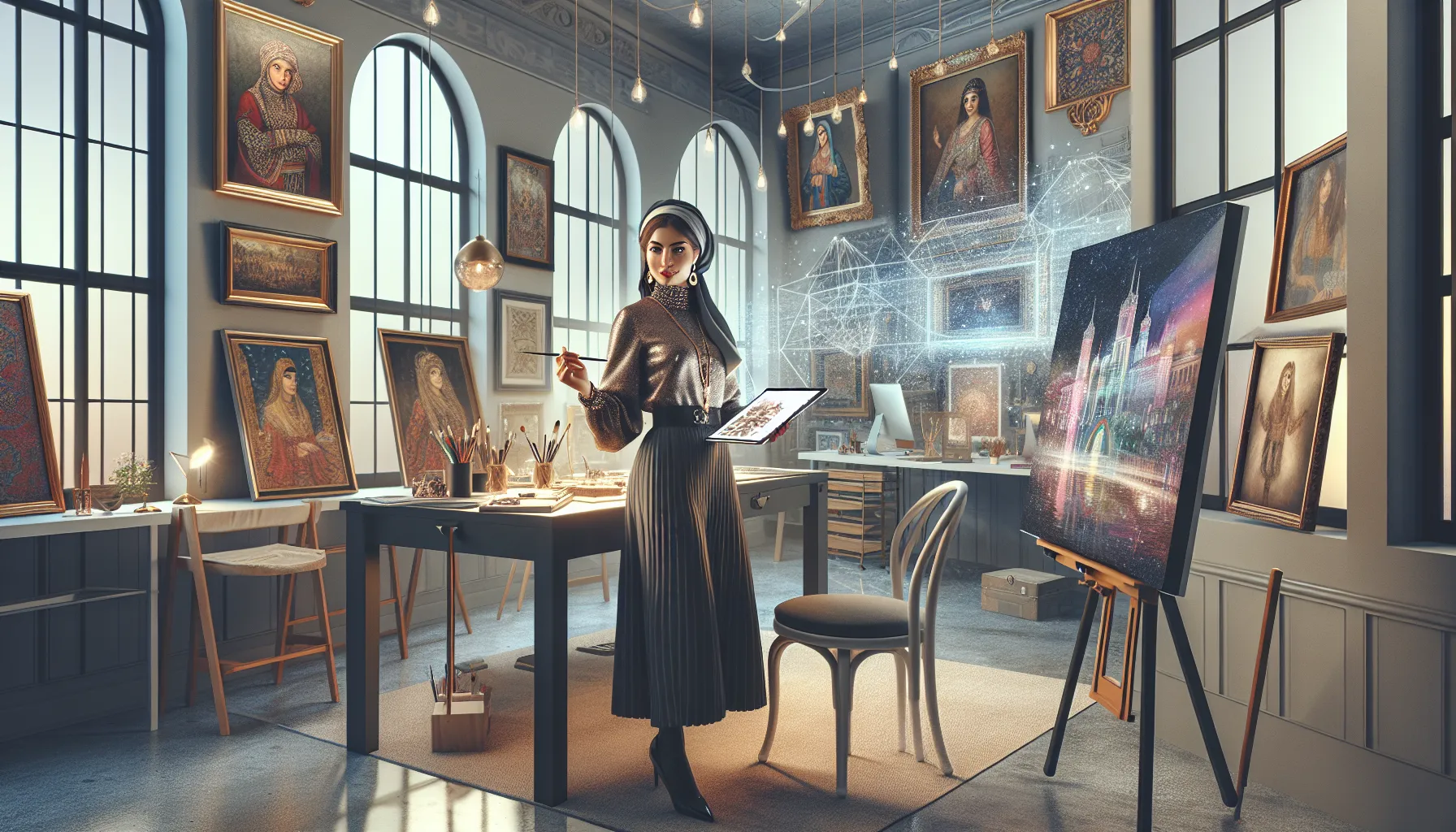 Artist in a modern studio blending traditional and digital art forms.