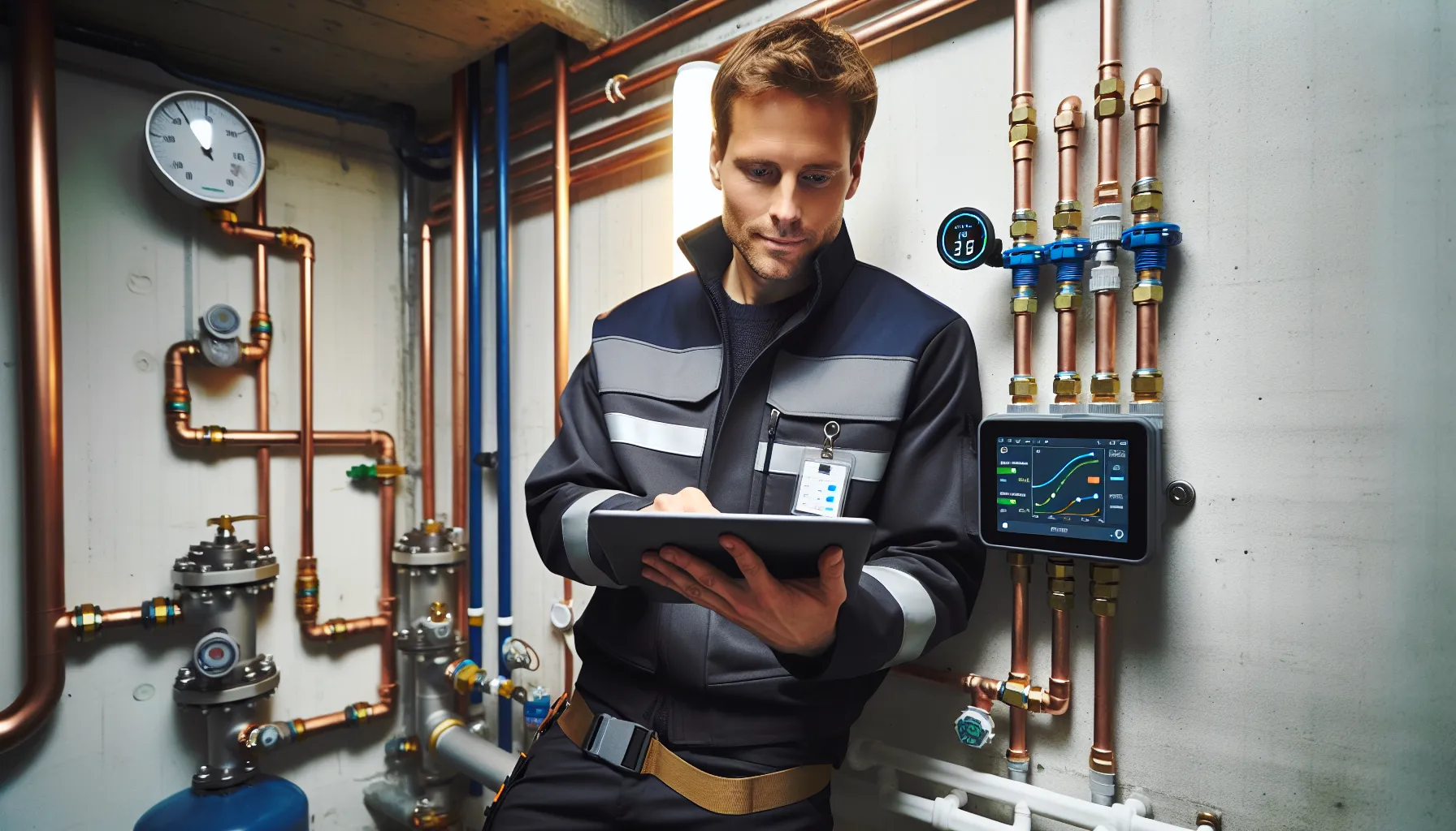Norwegian technician monitors smart pipe dashboard beside a small active leak.