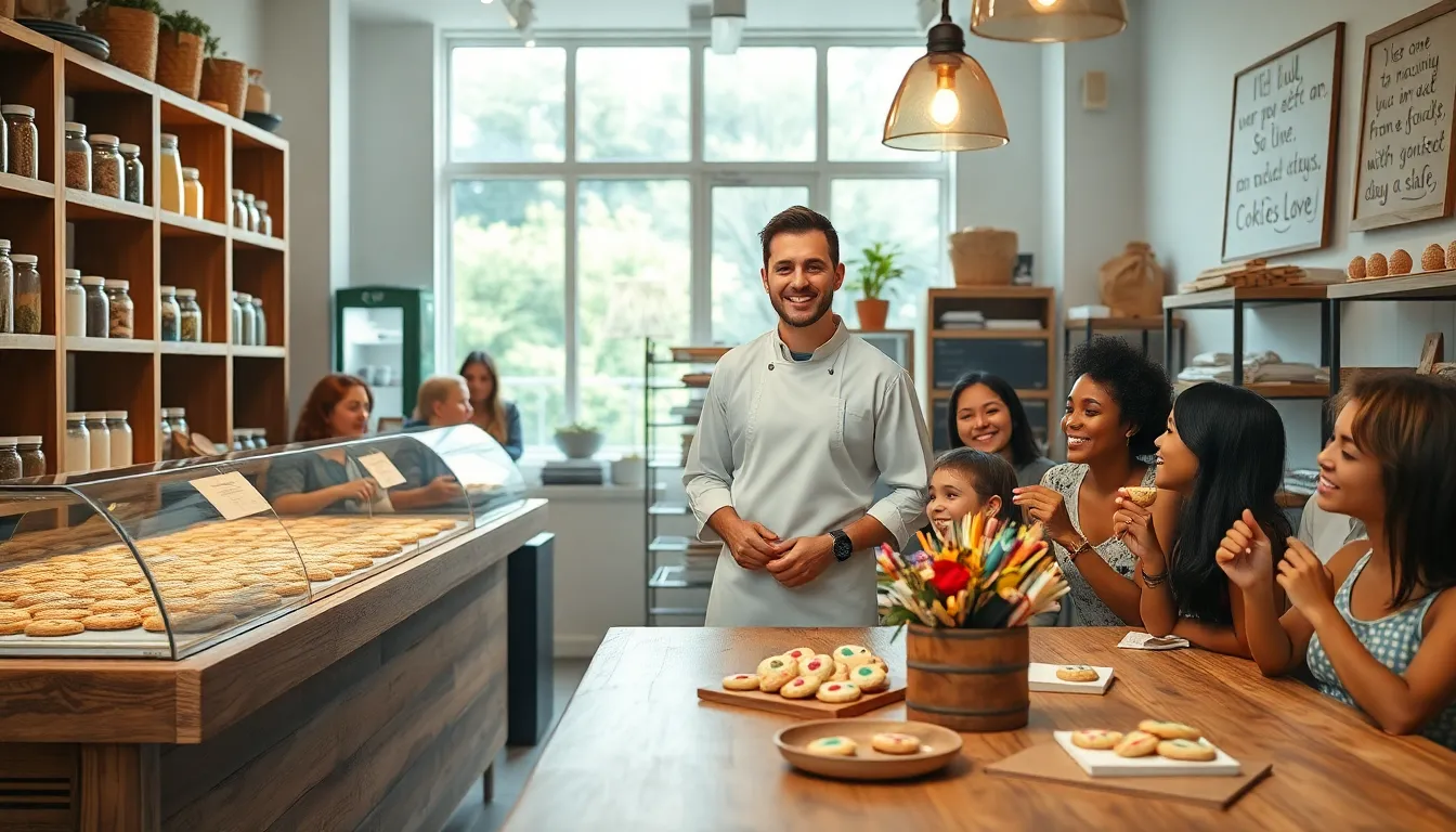 baker with freshly baked cookies in a cozy bakery setting.