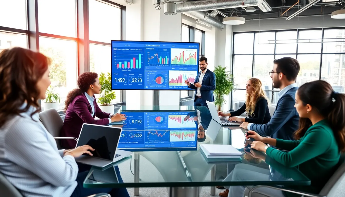 professionals analyzing sales data in a collaborative office environment.