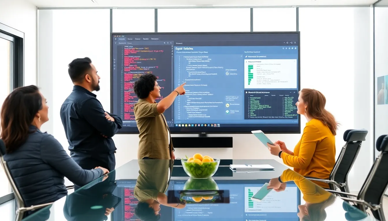 diverse team discussing software challenges in a modern office.