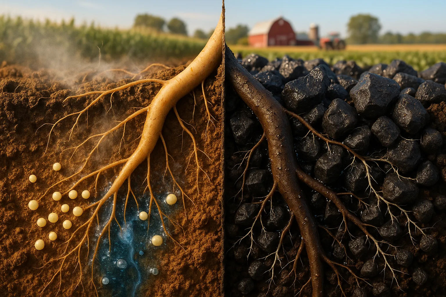 side-by-side soil cross-section showing fertilizer dissolving and porous biochar holding water