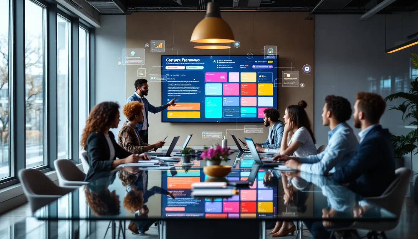 Marketing team collaborating with AI-generated campaign concepts in a modern office.