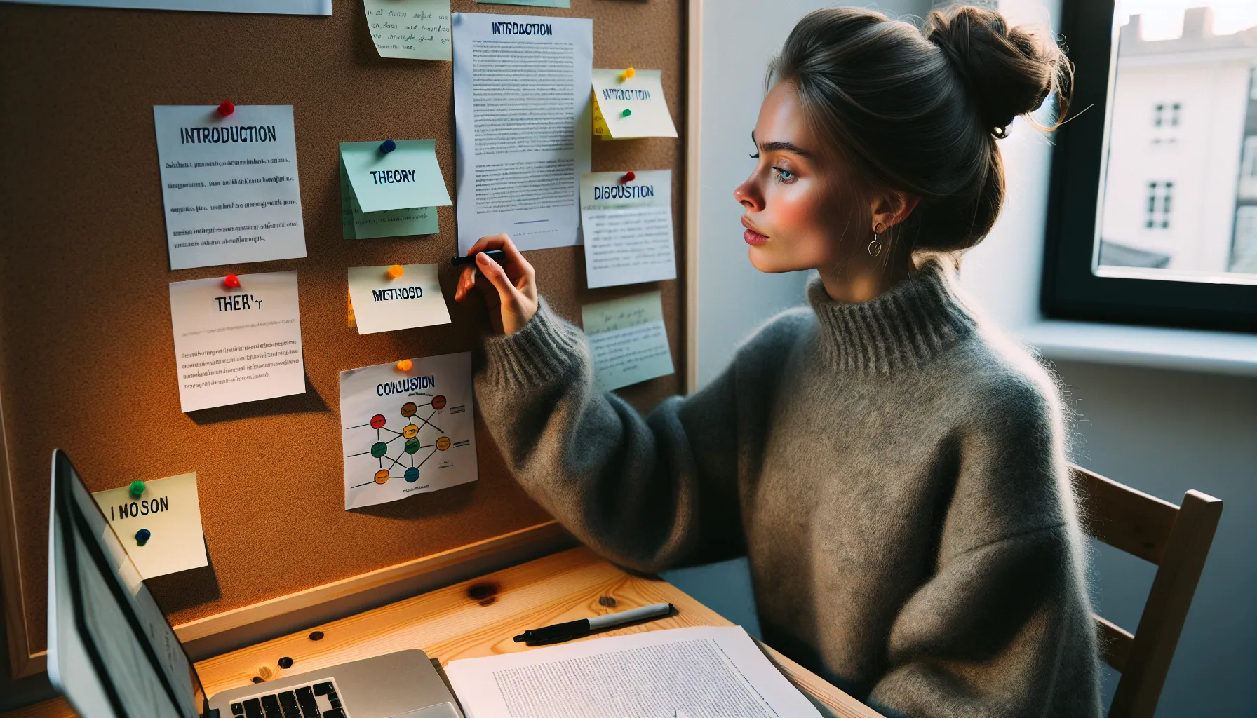 Hvordan strukturere en bachelor- eller masteroppgave 3 Norwegian student arranging thesis chapter sticky notes on a corkboard.