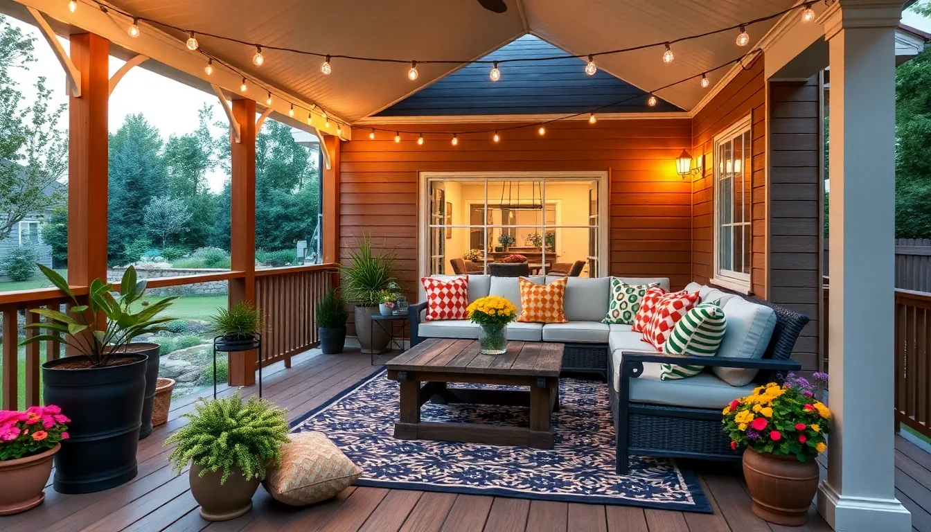decorated back porch with seating and plants.