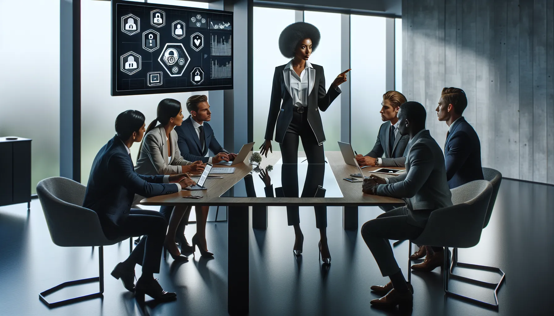 team discussing phone scams in a modern conference room.