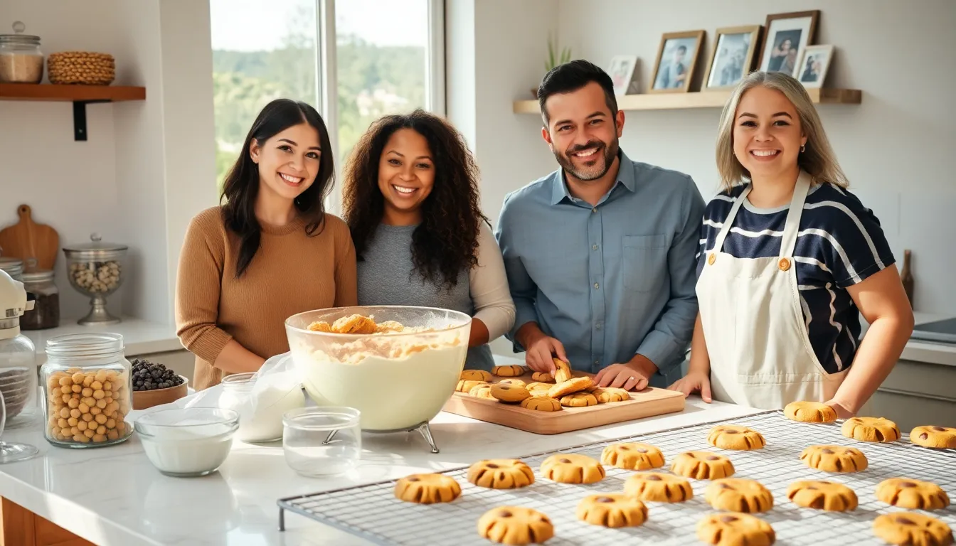 group baking cookies together in a warm kitchen.