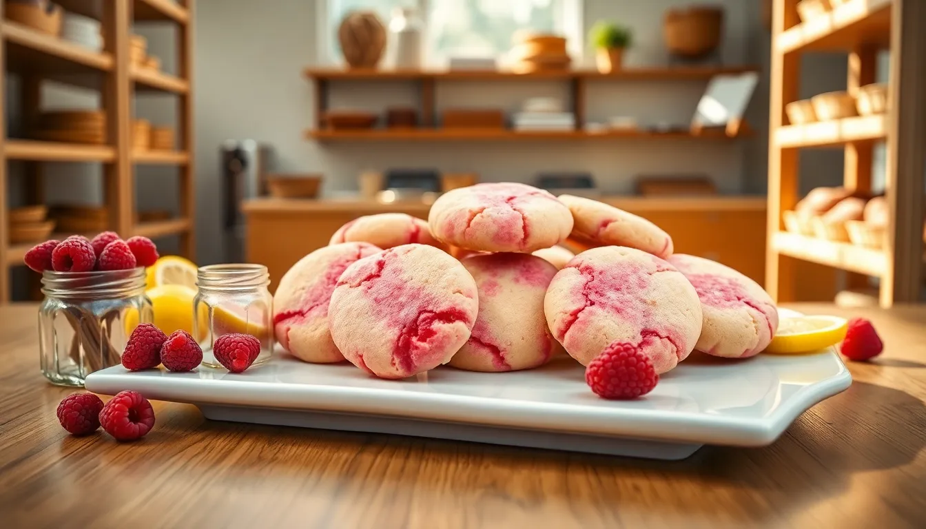 raspberry lemonade cookies displayed in a cozy bakery setting.