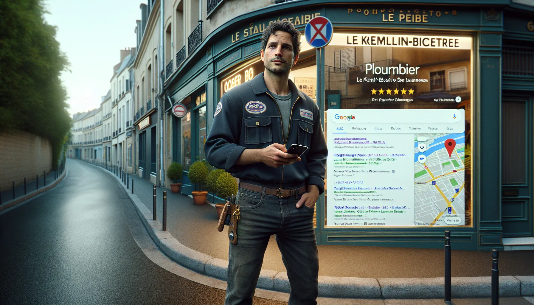 Local business owner in Le Kremlin-Bicêtre checking his Google Maps listing on phone.