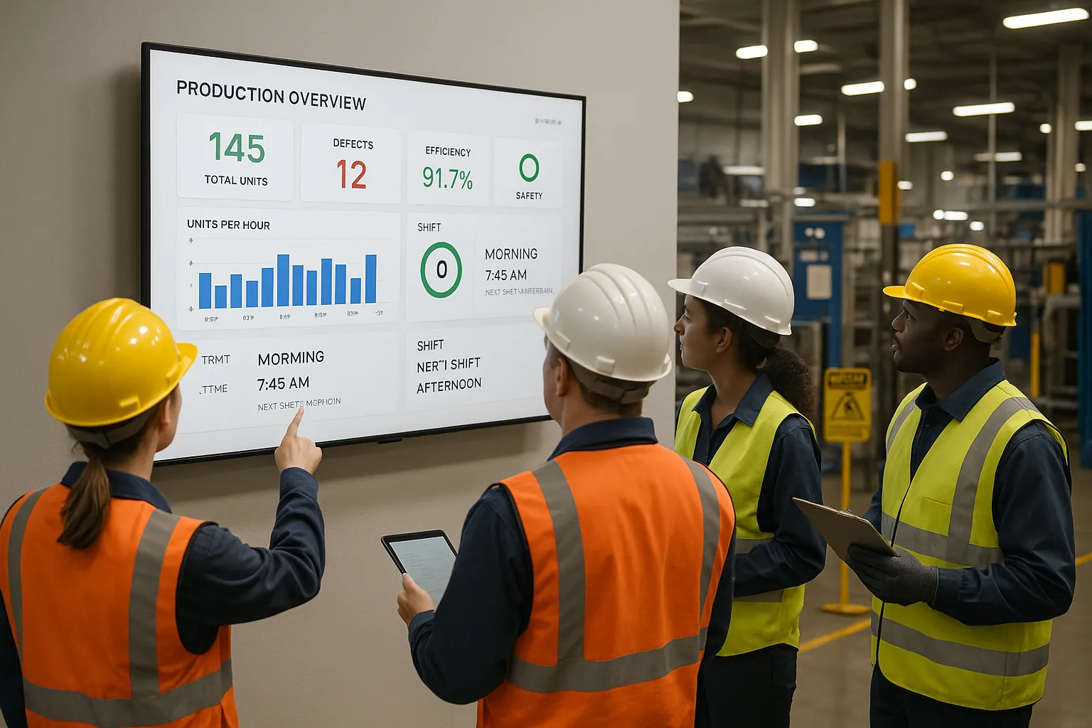 Manufacturing workers viewing digital signage display in industrial facility setting.