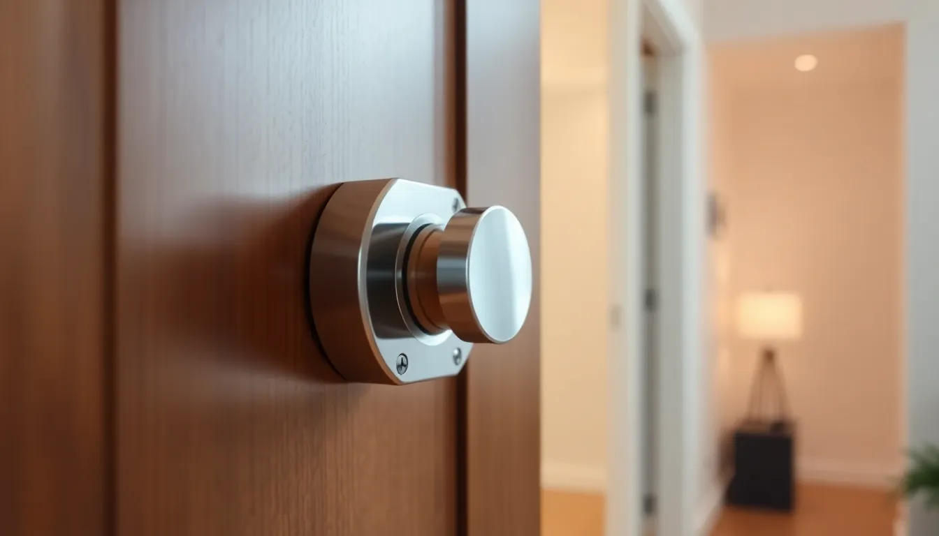 close-up of a modern door security latch on a wooden door.