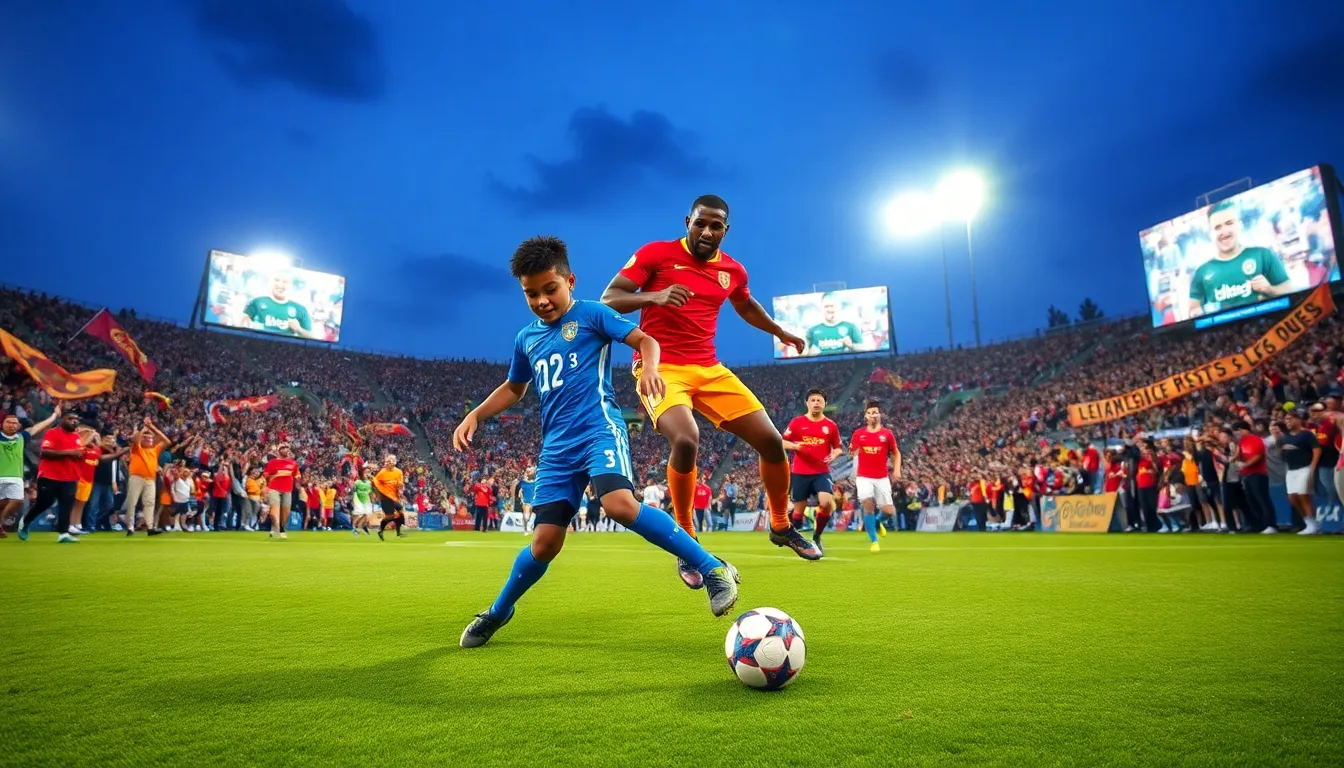a football match featuring diverse players and a cheering crowd in a stadium.