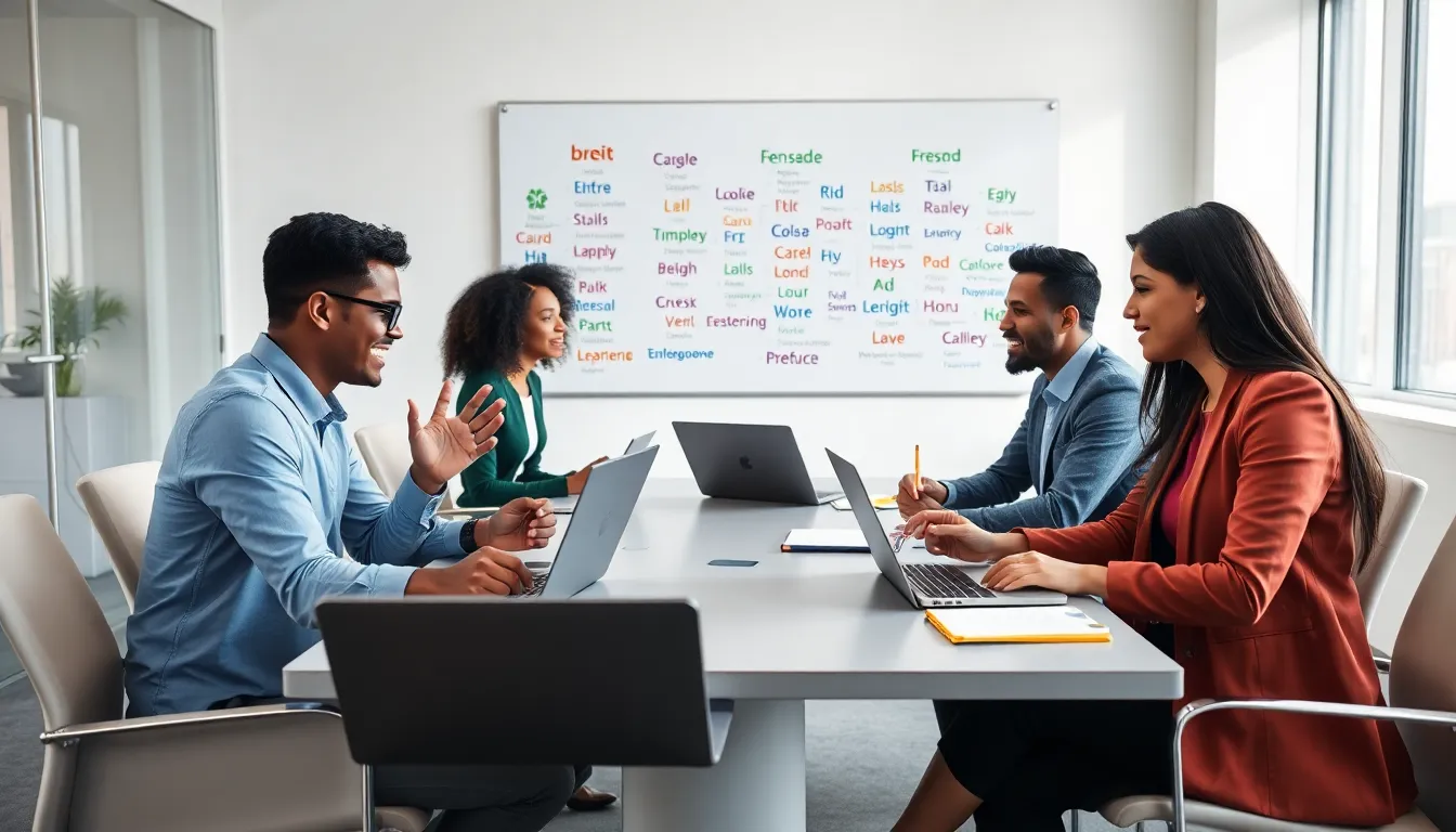 diverse team collaborating on language learning techniques in a modern office.