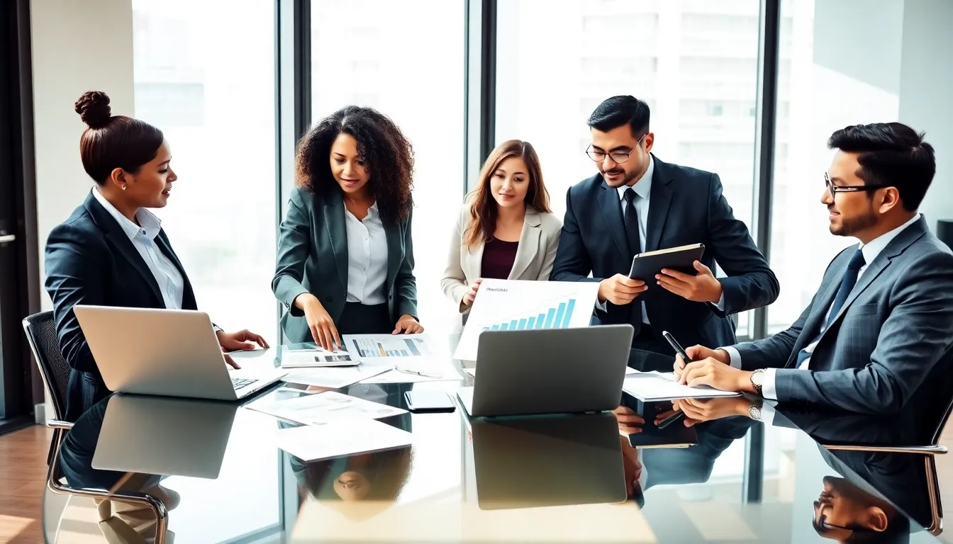 diverse team discussing property investment loans in a modern office.