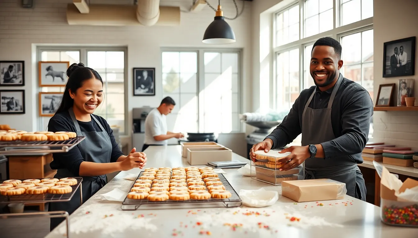 bakers joyfully creating cookies in a bright bakery setting.