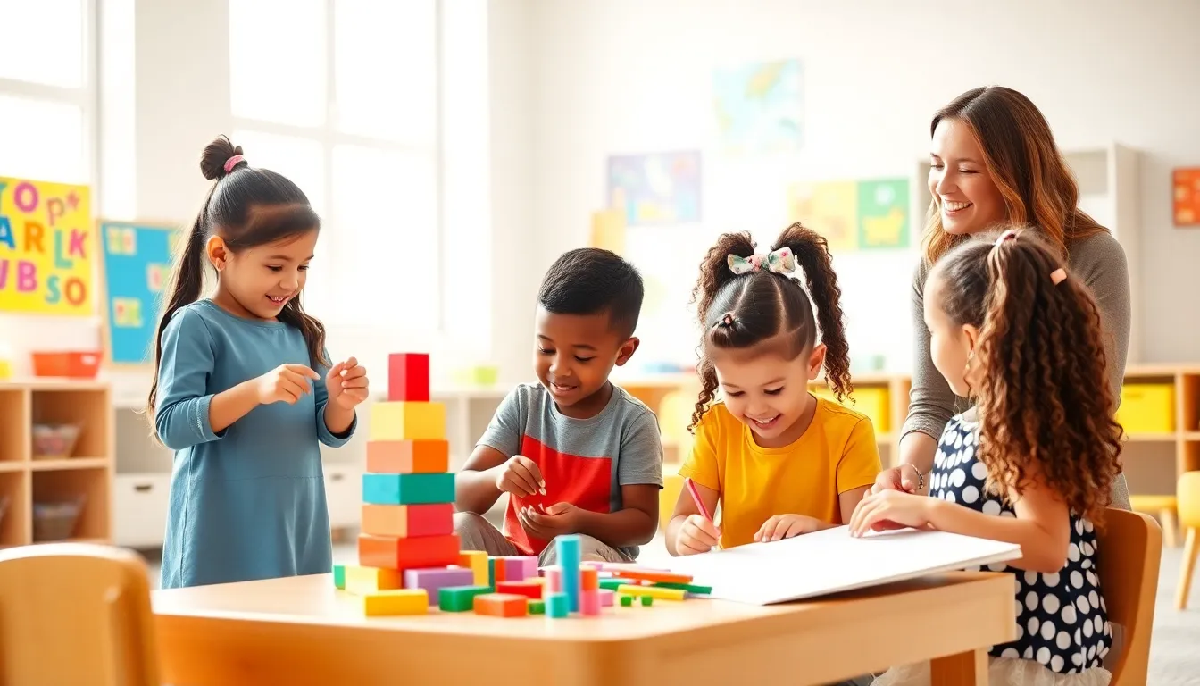 diverse children engaged in learning activities in a bright preschool classroom.