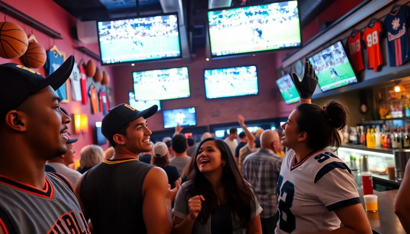 Sports fans enthusiastically watching multiple games in a lively sports bar.