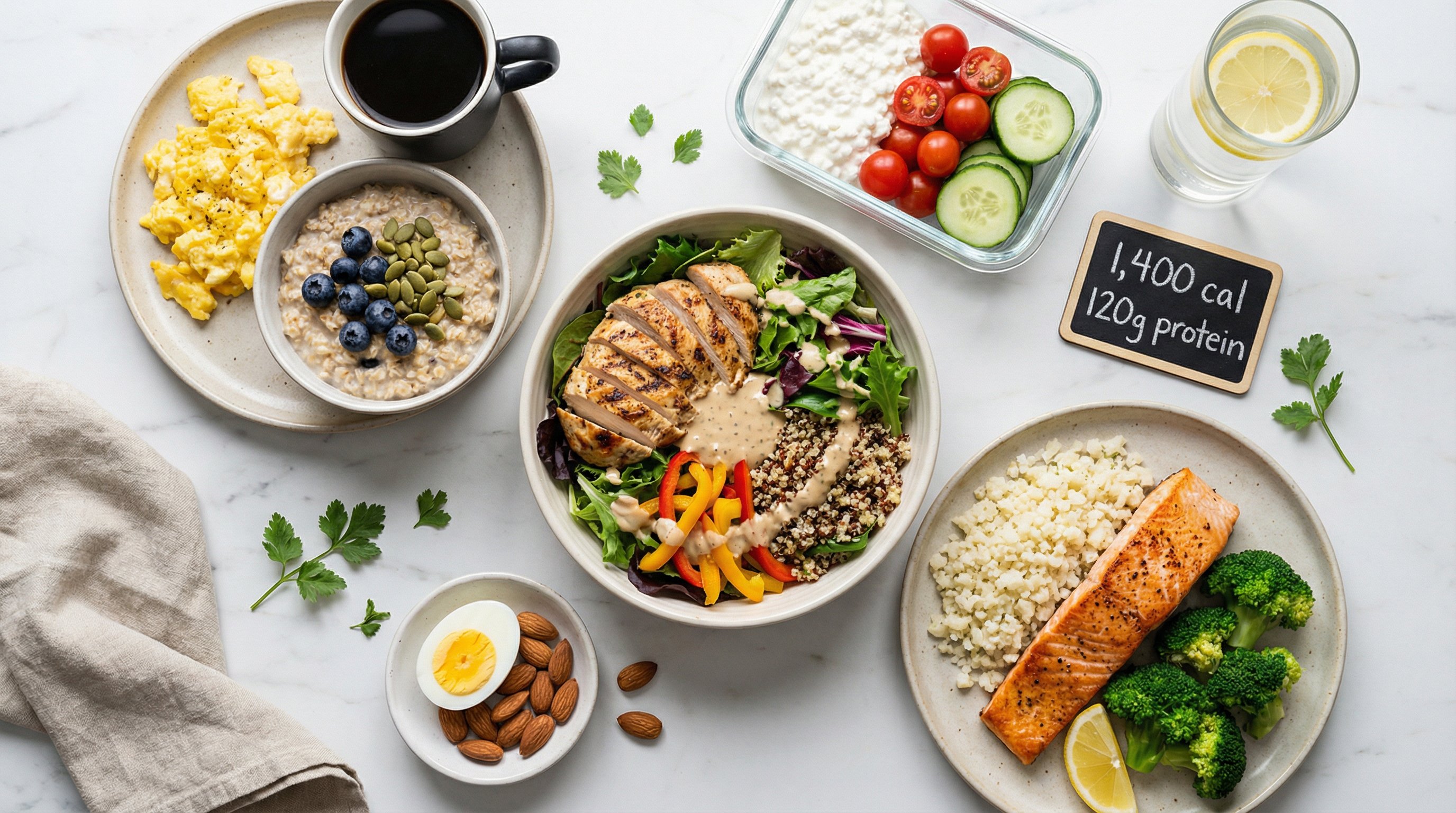 Flat-lay of a full day of high-protein meals for a semaglutide diet plan.