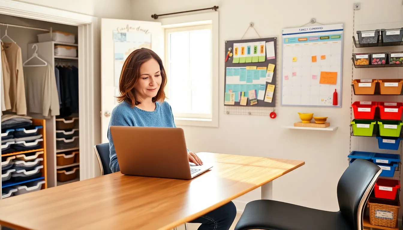 a woman working at an organized home office with a family command center.