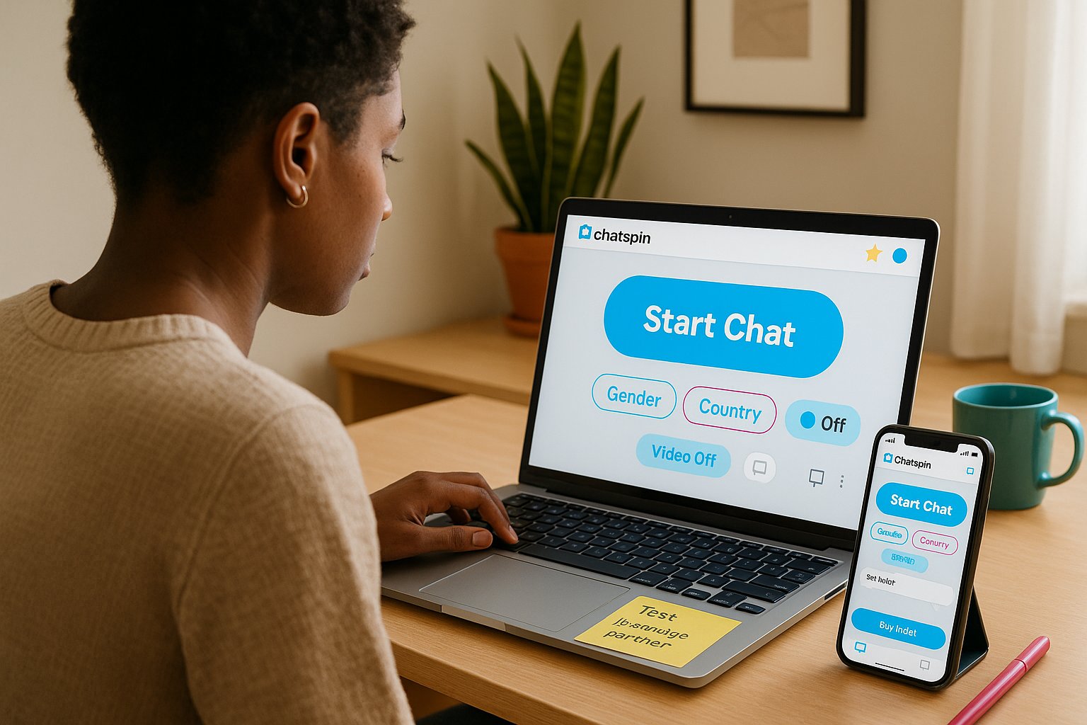 Person using Chatspin interface on laptop with phone showing synced settings.