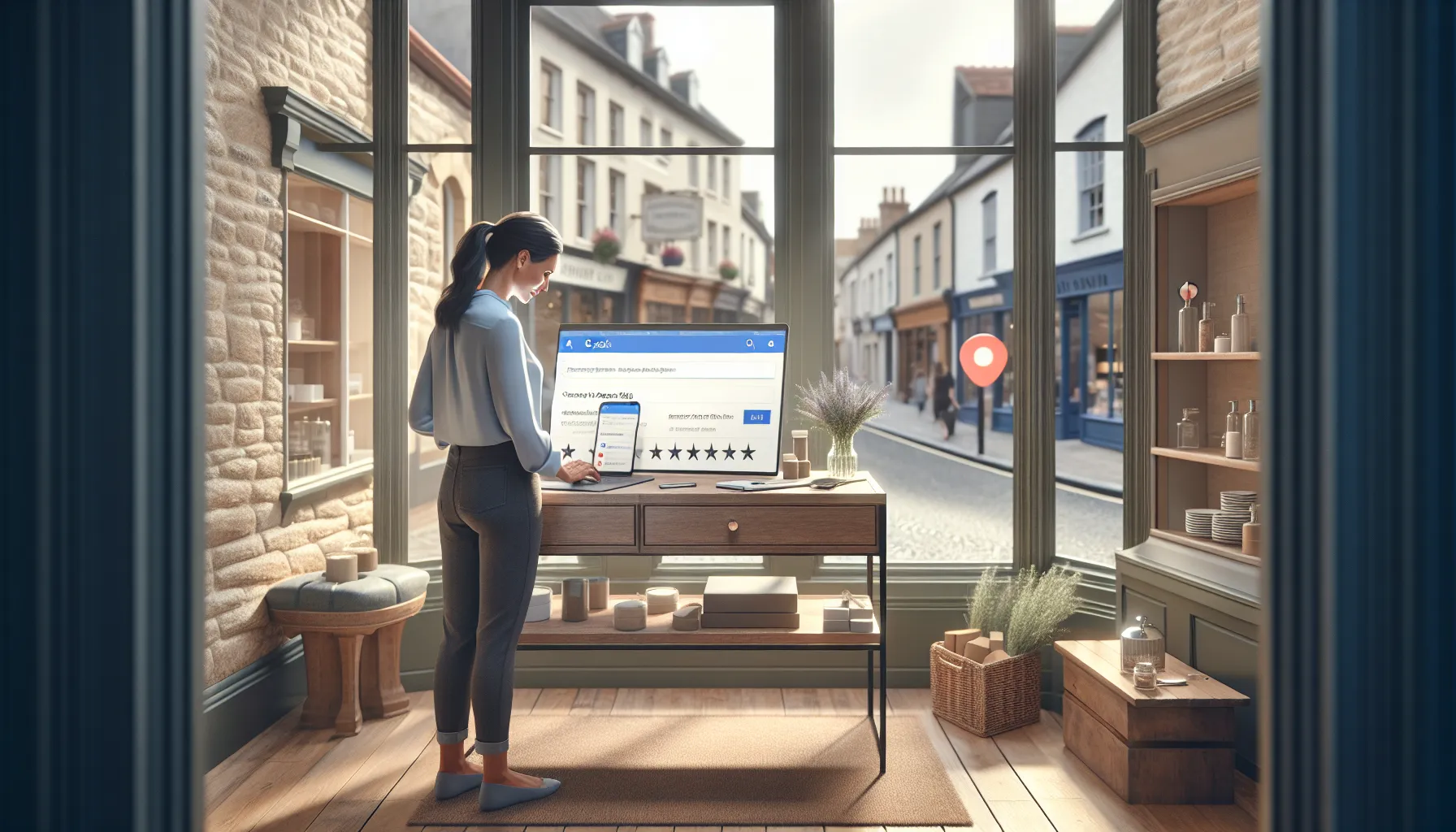 Local shop owner in Crosne checking successful Google visibility on her laptop.