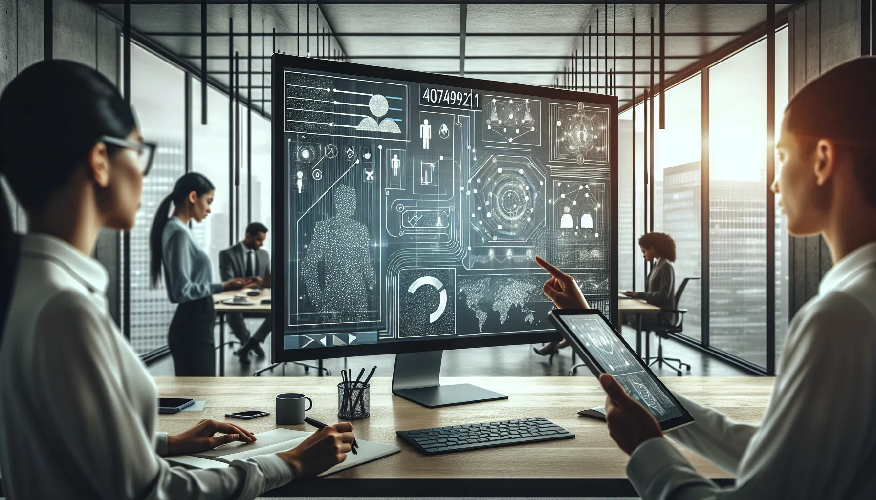 digital interface displaying 4078499621 with professionals discussing data.