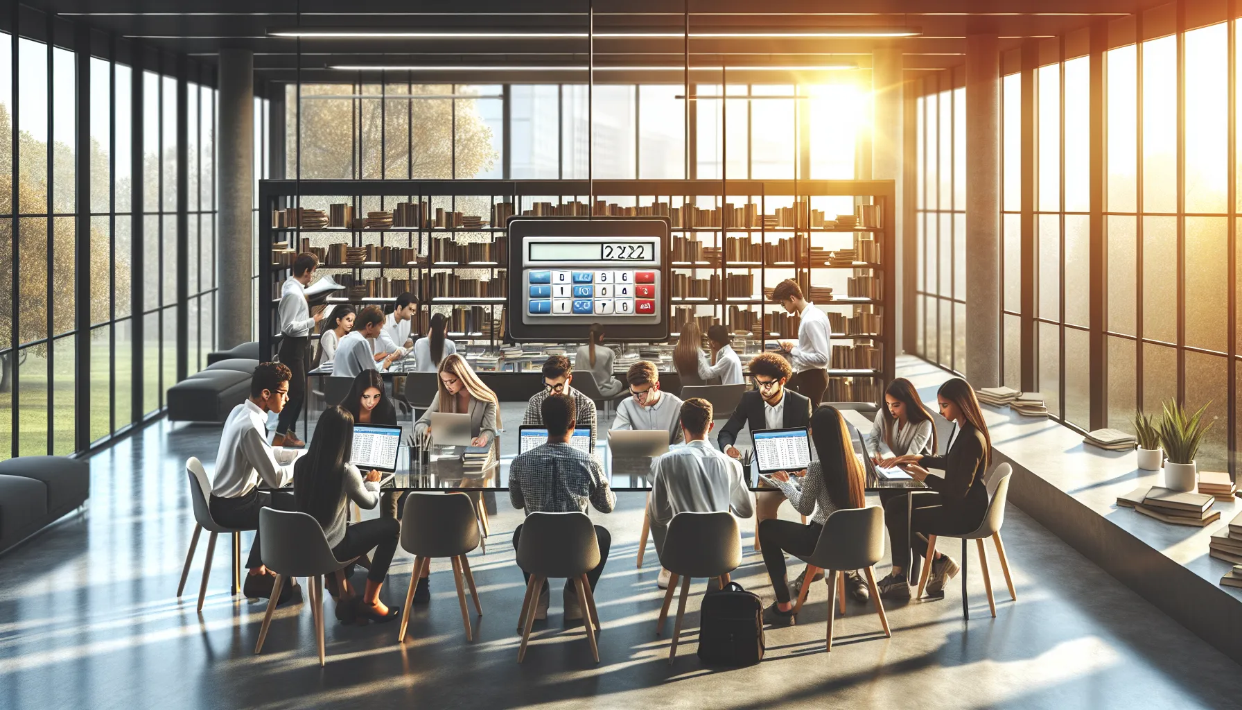 diverse students collaborating with a merit calculator in a modern office.