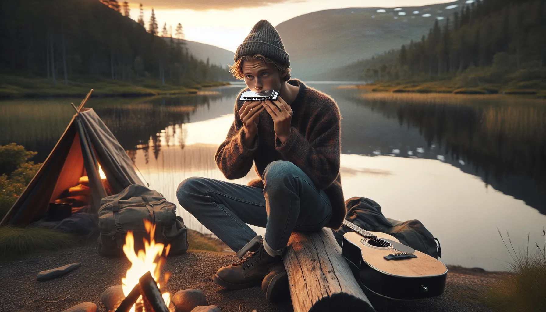 Young norwegian playing harmonica by a lakeside campfire with friends and guitar.