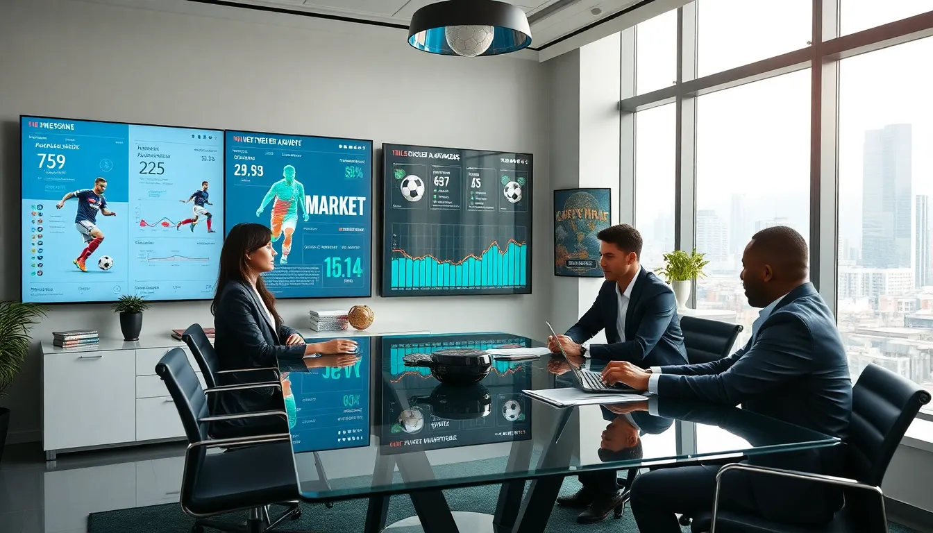 diverse professionals collaborating in a modern soccer agency office.