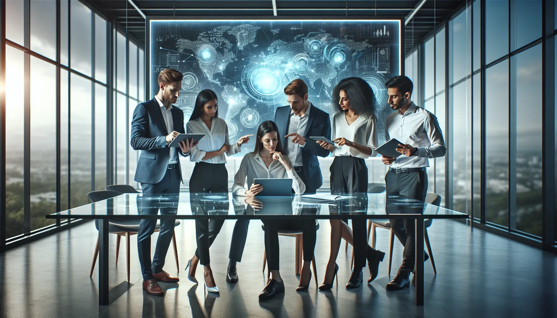 diverse professionals discussing a digital toolkit in a modern office.