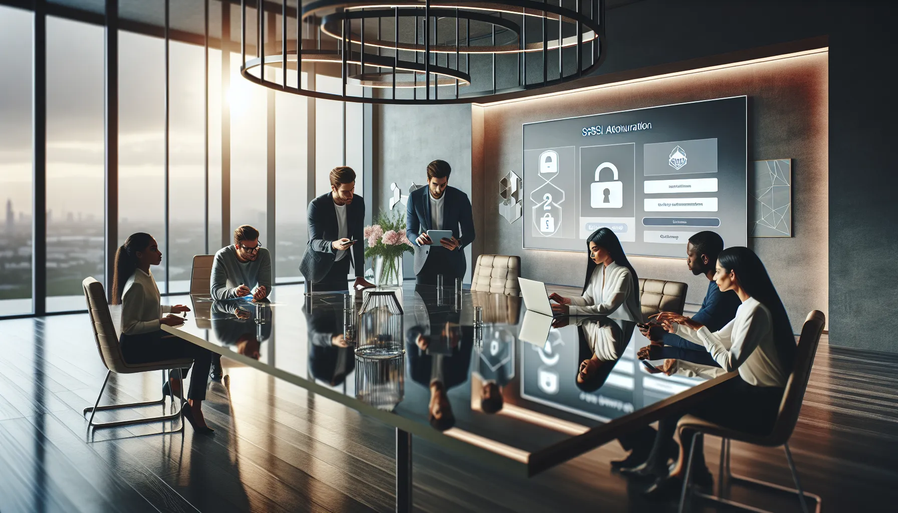 professionals discussing security features in a modern office.