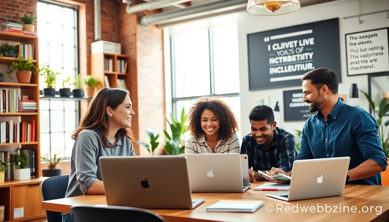 diverse group collaborating in a modern coworking space.