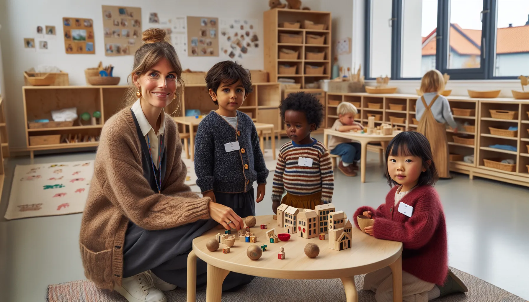 Teacher guides inclusive play among preschoolers at a cozy norwegian daycare.