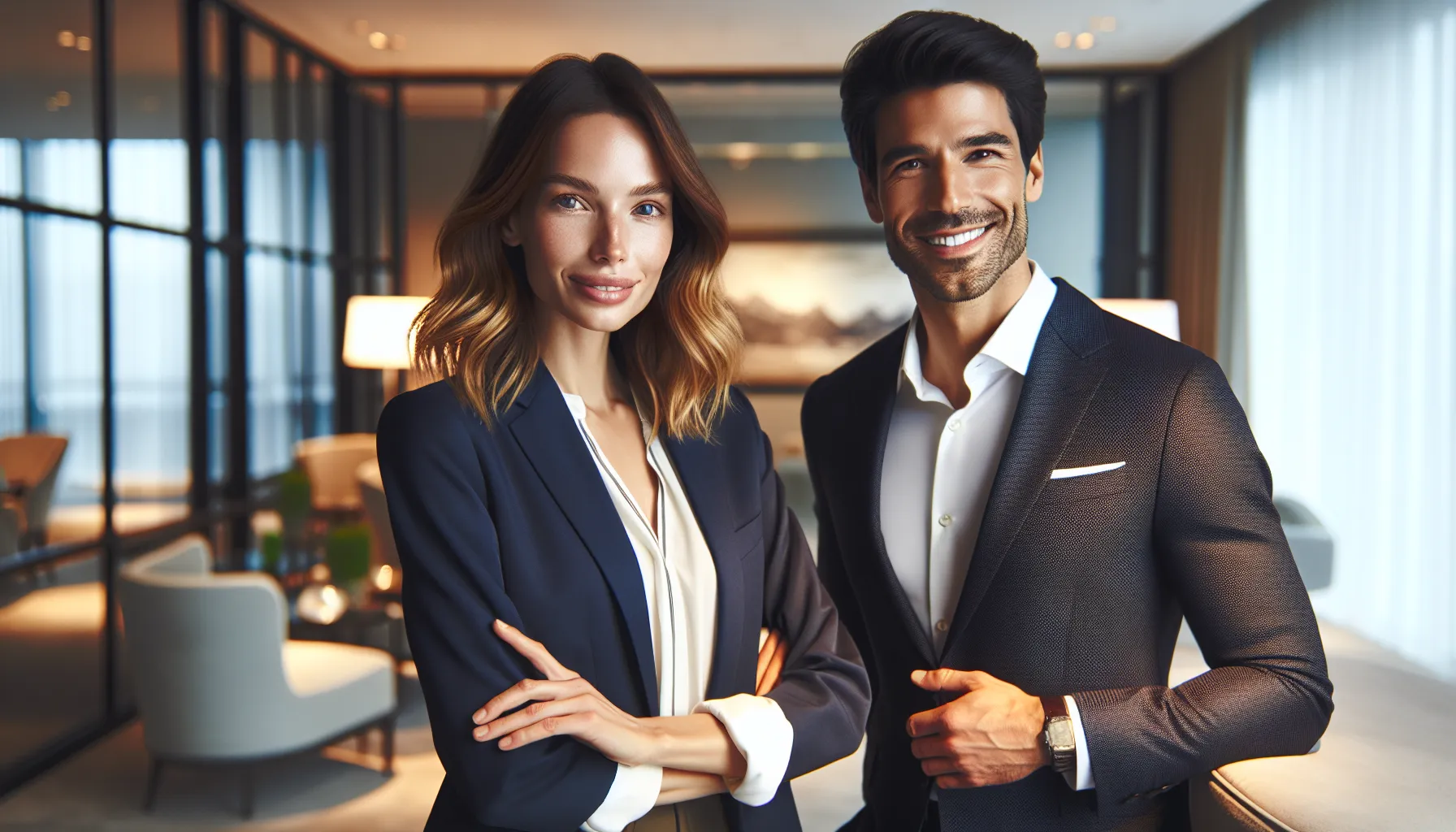 professional couple in a modern office setting, showcasing their achievements.