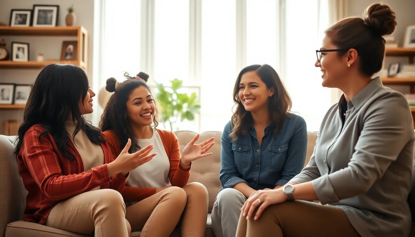 mother and daughter discussing in a cozy living room.