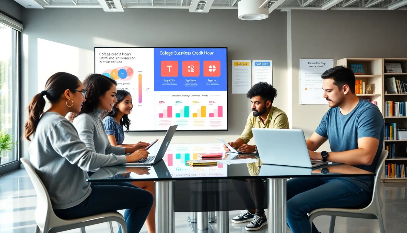 diverse students discussing college credit hours in a modern classroom.